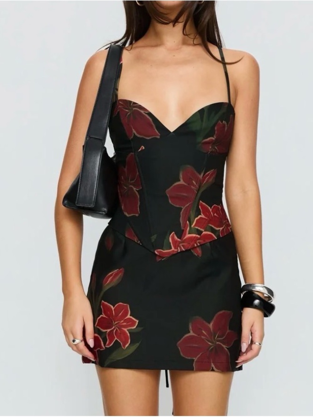 Floral Lace-Up Corset Mini Dress - Black with Red Floral